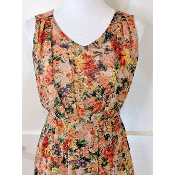 Y2K Chiffon Tapestry Slip Dress M Peach Floral Draped Pleats Hi-Lo Cottagecore - Picture 7 of 12